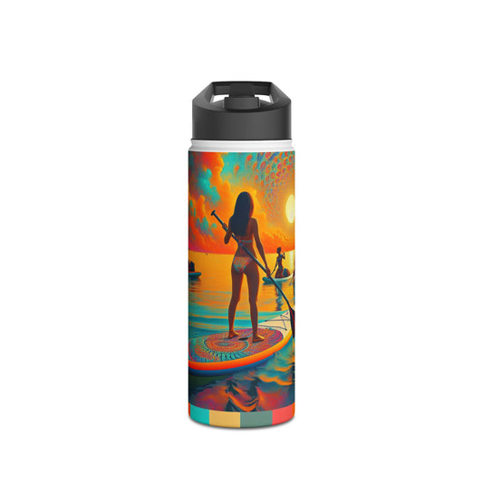 Luxury Fantasy Paddleboarding Stainless Steel Water Bottle, featuring vibrant artwork of a sunset with paddleboarders and tropical scenery.