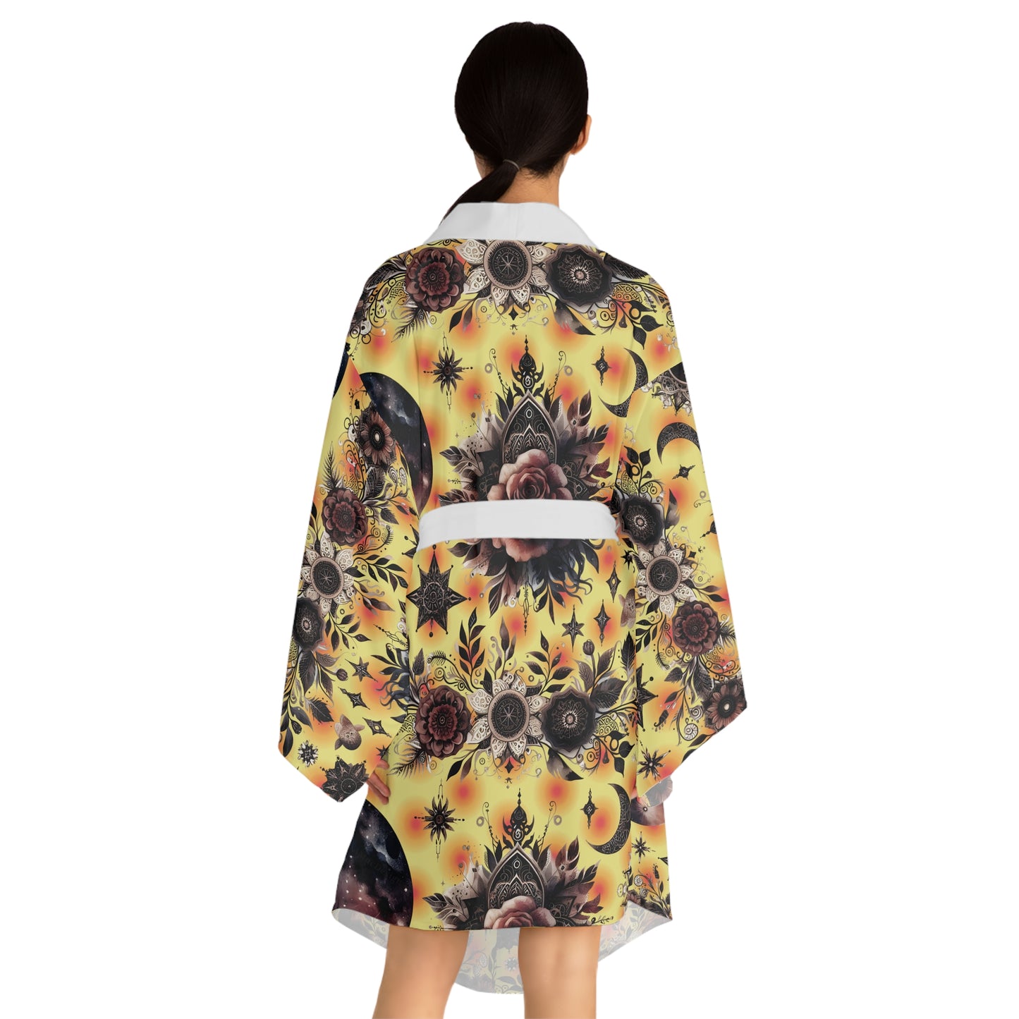 Back view of a graceful Floral Kimono Robe with intricate floral and celestial motifs, showcasing luxurious style and comfort.