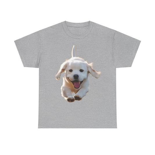Leaping Puppy Graphic T-Shirt in grey, featuring a vibrant puppy graphic, ideal for fashion-forward individuals embracing luxury urban streetwear.