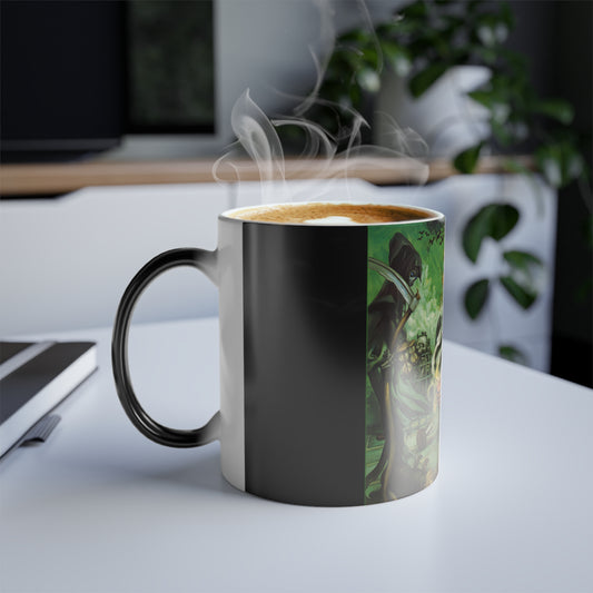 Elegant Discworld Wyrd Sisters Colour Morphing Mug steaming with a hot beverage, showcasing the magical design that radiates creativity for true fans.
