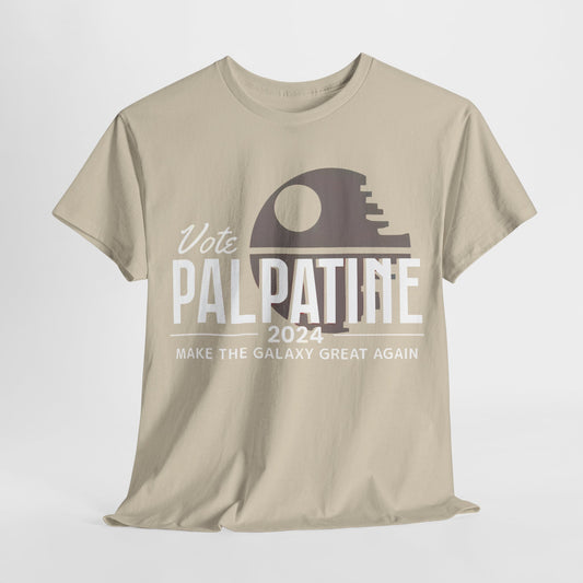 Vote Palpatine Star Wars Graphic T-Shirt in elegant beige, featuring a Death Star silhouette and the phrase 'Make the Galaxy Great Again', perfect for discerning fans of the iconic series.