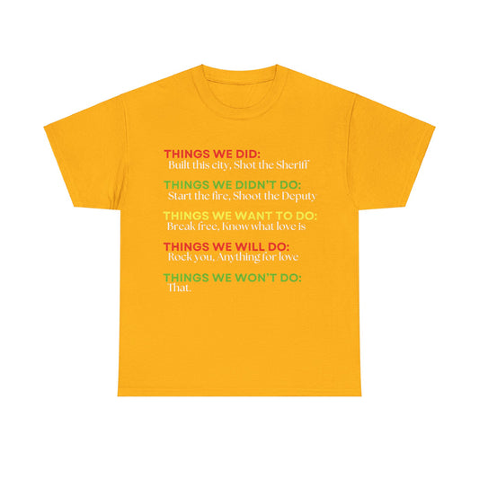 Rock Anthems Tribute Unisex Cotton T-Shirt Graphic Tee in vibrant yellow, featuring iconic phrases celebrating rock music, perfect for music lovers.