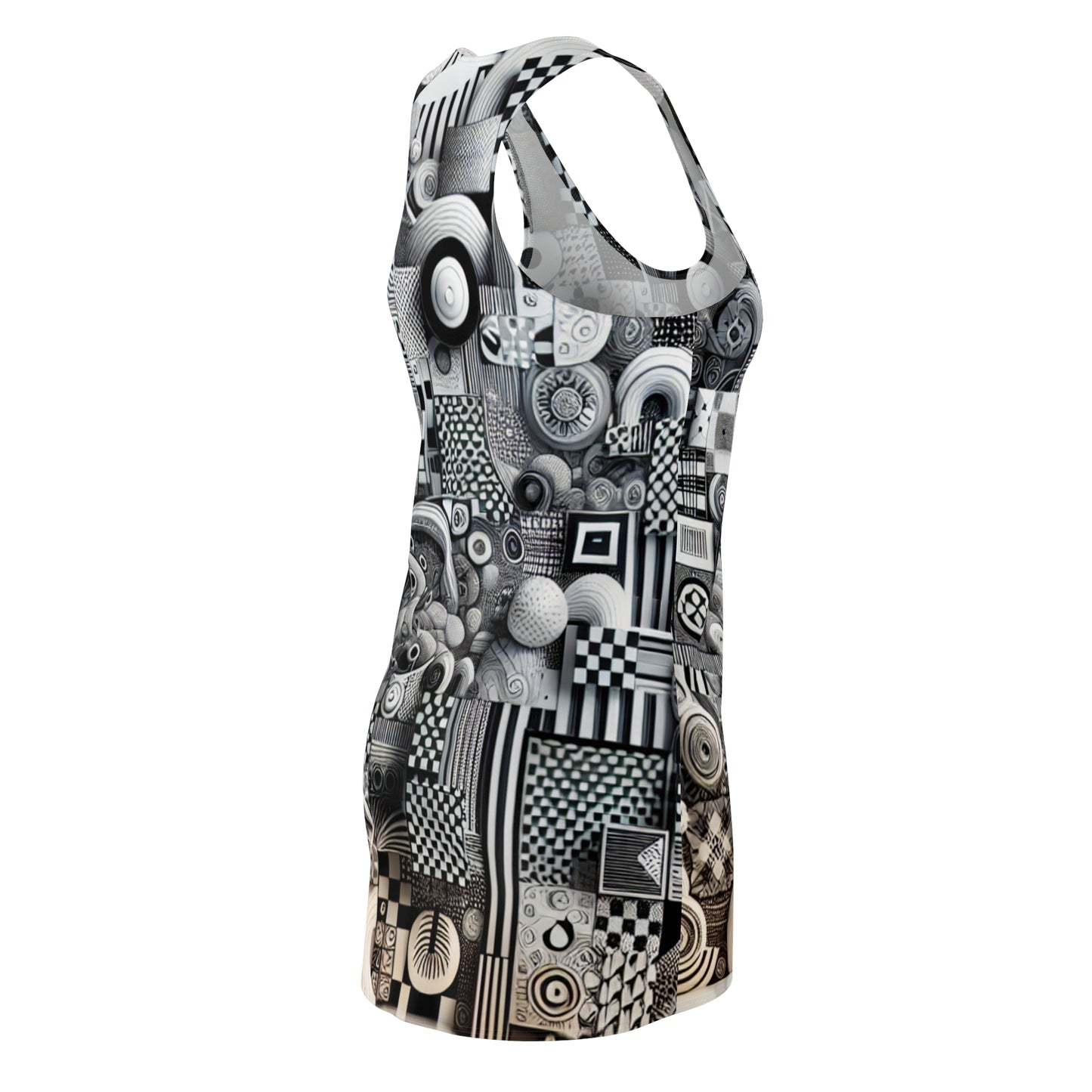 Stylish close-up of the Valentina Belleveau Racerback Dress by Dazzling Dreams Studio, highlighting the dynamic checkerboard print and soft, premium fabric, perfect for versatile styling and effortless grace.