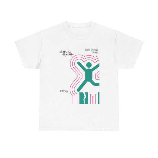 Stylish unisex white t-shirt with a chic 'Squid Game' design, presenting the 'Glass Stepping Stones' motif in modern graphic art, ideal for fashion enthusiasts.