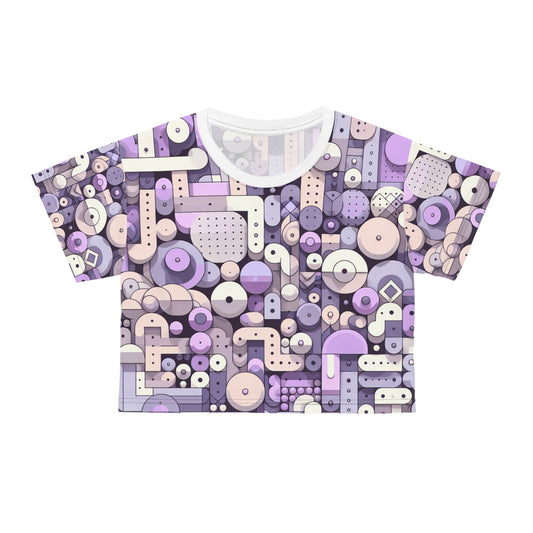 Pastel Purple Abstract Patterned Cropped T-Shirt presented with eye-catching abstract motifs in a luxurious soft polyester fabric, ideal for stylish summer wear.