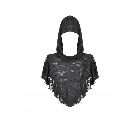 Close-up view of Dark In Love Nyx Hooded Poncho highlighting the intricate lace-like details and frayed edges, embodying a ritualistic appeal for alternative fashion enthusiasts.