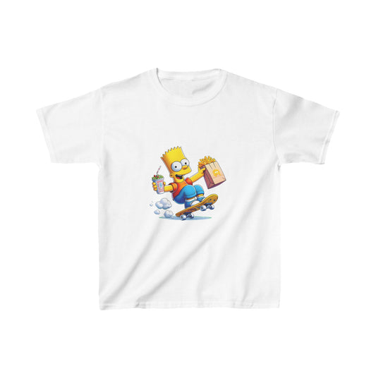 Unisex Kids Bart Simpson Cotton T Shirt Tee Youths Childs - White shirt showcasing Bart Simpson joyfully skateboarding, an iconic pop culture tribute.