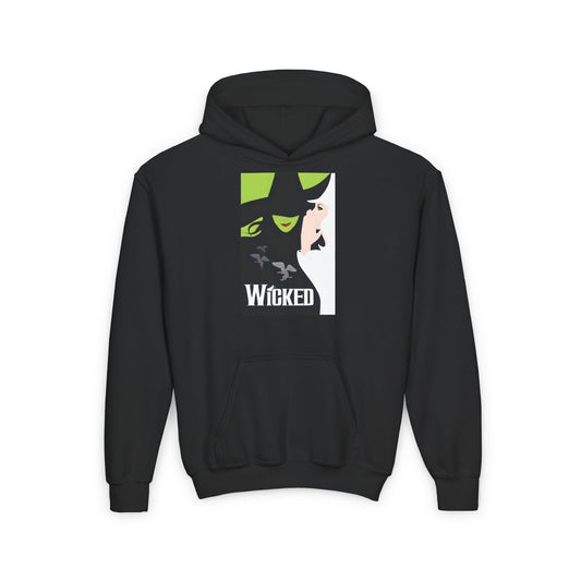 Childs Wicked Movie Graphic Pullover Hoodie in black, elegantly displaying the renowned Wicked Movie logo artwork.