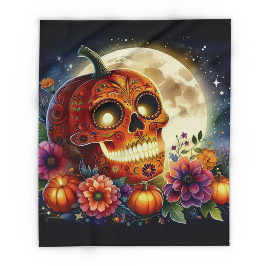 Luxurious Decorative and Warm Halloween Spooky Arctic Fleece Blanket featuring a vibrant skull pumpkin design surrounded by colourful flowers and a full moon backdrop, perfect for elevating your Halloween decor.