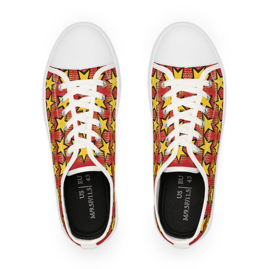 Zara Boltstrike Men's Lowtop Sneakers featuring a vibrant pop art design with a cheerful yellow star pattern against a bold red backdrop, showcasing luxury and style.