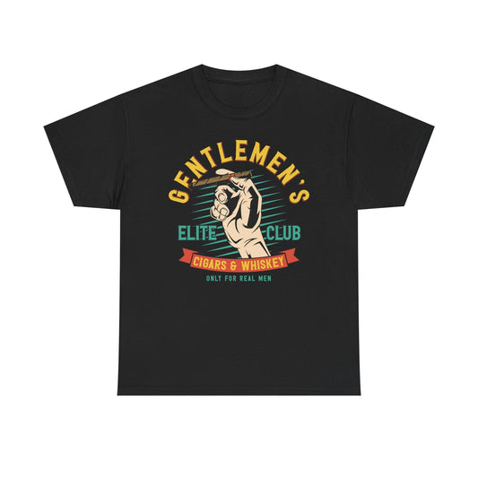 Elite Club Men's T-Shirt in black showcasing a sophisticated vintage graphic of a hand gripping a cigar, elegantly presenting 'GENTLEMEN'S ELITE CLUB CIGARS & WHISKEY ONLY FOR REAL MEN' for the discerning gentleman.
