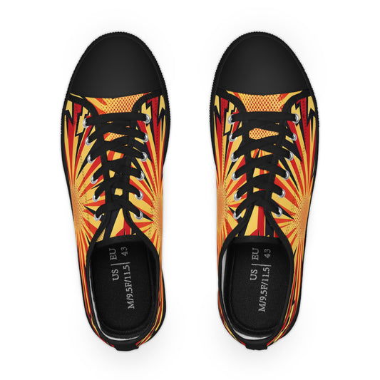 Bird's eye view of Zara Thunderstrike Lowtop Sneakers - Red Canvas with Orange Lightning Bolts, highlighting the unique pop art inspired patterns and stylish black detailing.