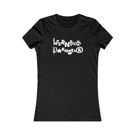 Elegant black women's t-shirt showcasing the cheeky 'International Starlet' graphic, designed for comfort and sophistication.