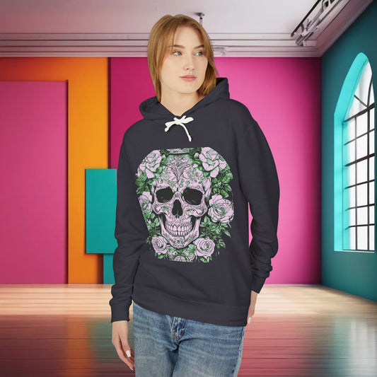 Stylish model wearing a Unisex Lightweight Hooded Sweatshirt with an eye-catching skull and roses design, set against a vibrant interior, blending luxury with a contemporary flair.