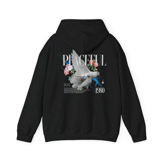Elegant black hoodie adorned with a striking dove and floral design, showcasing the text 'PEACEFUL 1980', perfect for a luxurious casual look.