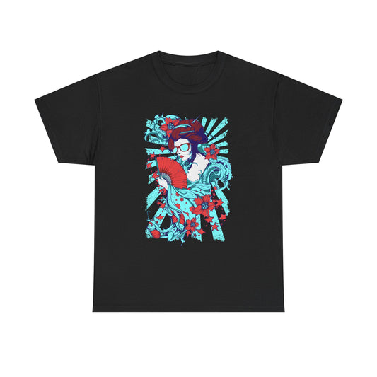 Stylish black Men's T-Shirt showcasing a striking pop art depiction of a geisha with vibrant turquoise and red tones, elegantly illustrating a blend of contemporary art and timeless tradition.