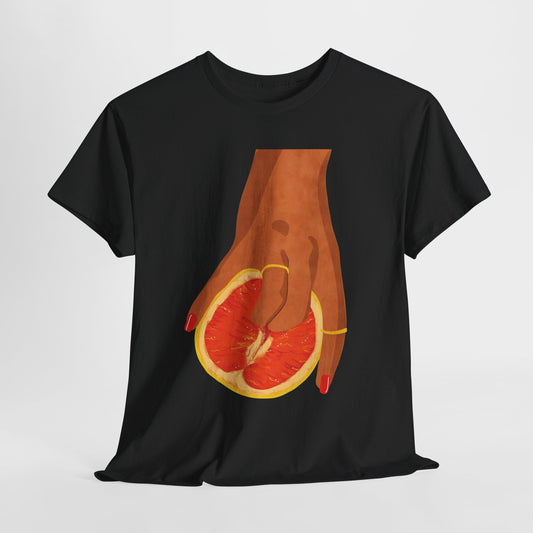 Vibrant Grapefruit Womens Graphic T-Shirt Urban Cotton Tee presented in a chic black design, showcasing an artistic depiction of a hand grasping a lively grapefruit slice with exquisite red nails.