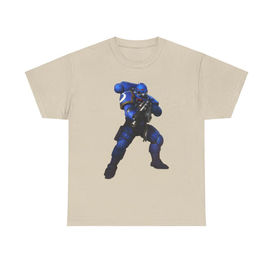 Luxurious beige graphic t-shirt featuring a striking blue armoured soldier design, ideal for showcasing individual style and playful humour. Perfect for casual outings.