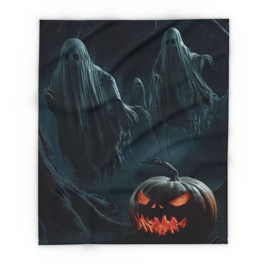 Decorative and Warm Halloween Spooky Arctic Fleece Blanket showcasing eerily floating ghosts and a sinister jack-o'-lantern, ideal for adding a luxurious touch to your Halloween décor.