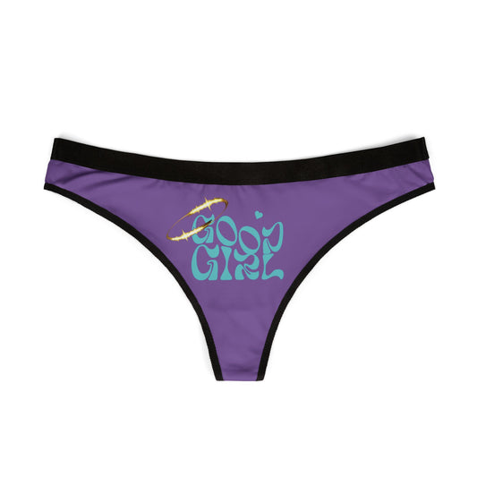 Luxurious purple thong with 'Good Girl' design and heart detail, showcasing premium quality and style.