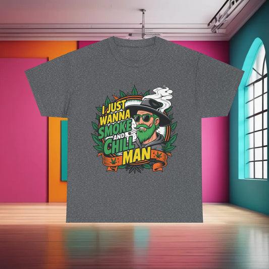 Elegant 420 Cannabis Marijuana Graphic T-Shirt showcasing a striking graphic with 'I Just Wanna Smoke and Chill, Man' on a grey backdrop, ideal for chic, casual styling.