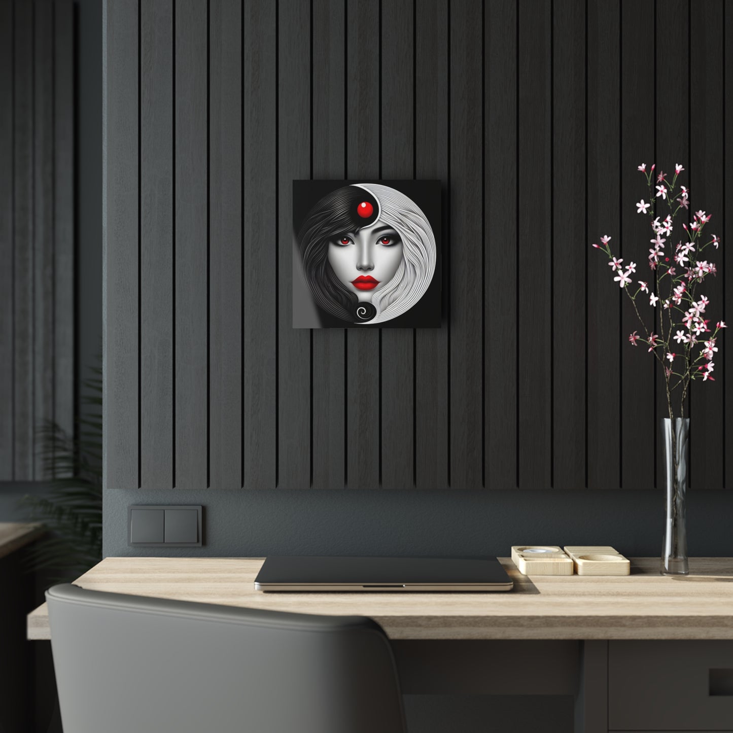 Yin-Yang Acrylic Art Print - 12-Inch Square, Modern Elegance displayed in a sophisticated interior setting, enhancing the decor of a modern workspace with its artistic harmony.