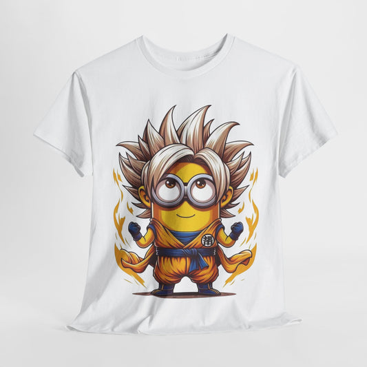 Minion´s Dragon Ball Z Mashup Unisex Men´s Women´s Graphic T Shirt Tee depicting a cheerful Minion styled like a Dragon Ball Z warrior, with a bright orange gi and spiky hair, set against a white background. This funny T Shirt is ideal for any Minions enthusiast.