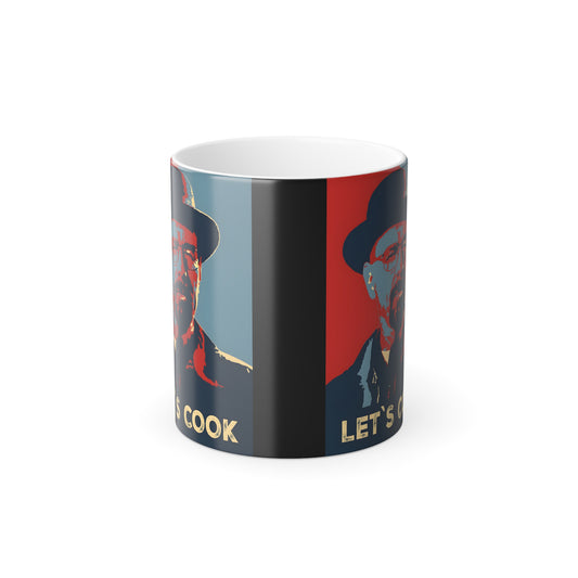 Breaking Bad Heisenberg Color Morphing Mug - 11oz Heat Revealing Coffee Cup, showcasing the transformative heat-activated design displaying Heisenberg's image and the phrase 'Let's Cook', ideal for luxury coffee experiences.