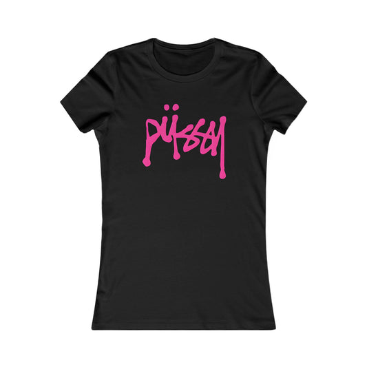 Luxurious fitted women's t-shirt in black with bold pink dripping graffiti design of the word 'püssy', showcasing a playful and sassy style.