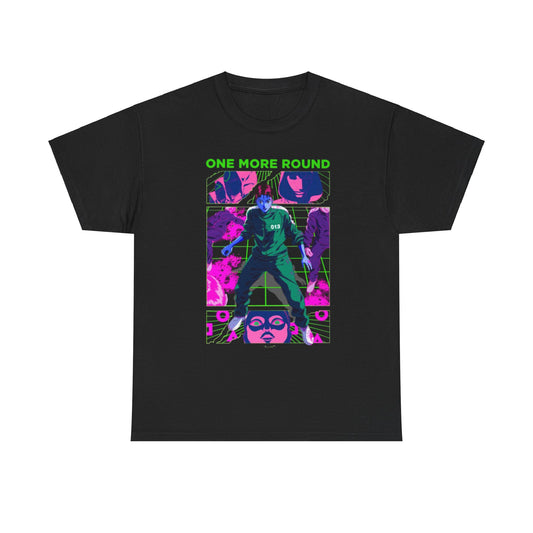 Elegant black T-shirt with an artistic graphic print, inspired by a renowned survival challenge, adorned with eye-catching colours and thematic imagery, perfect for making a fashionable statement.
