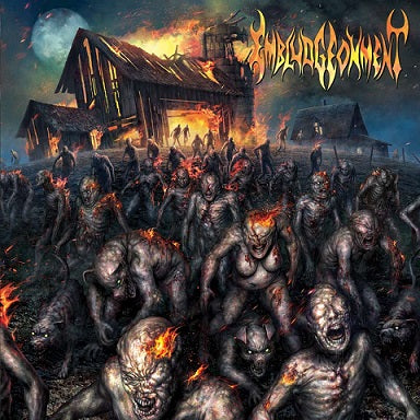Embludgeonment Barn Burner CD album cover by Rancid Offal Records, featuring striking death metal artwork, highlighting tracks like 'Transfixed Impalement' and 'Gruesome Mortification'.