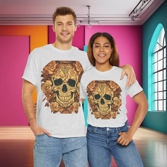 Trendy couple showcasing the Skulls and Roses Cotton Tee in light grey, a striking unisex graphic shirt with a captivating skull and rose aesthetic for a contemporary look.