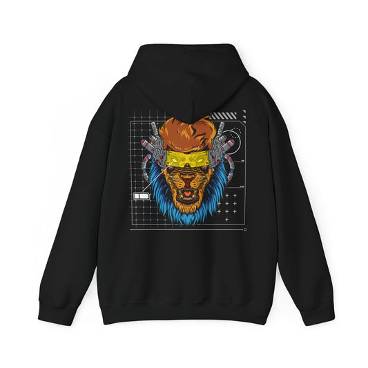 Sophisticated black hoodie adorned with a striking cyberpunk lion back design, blending bold artistry with modern flair for a captivating style statement.