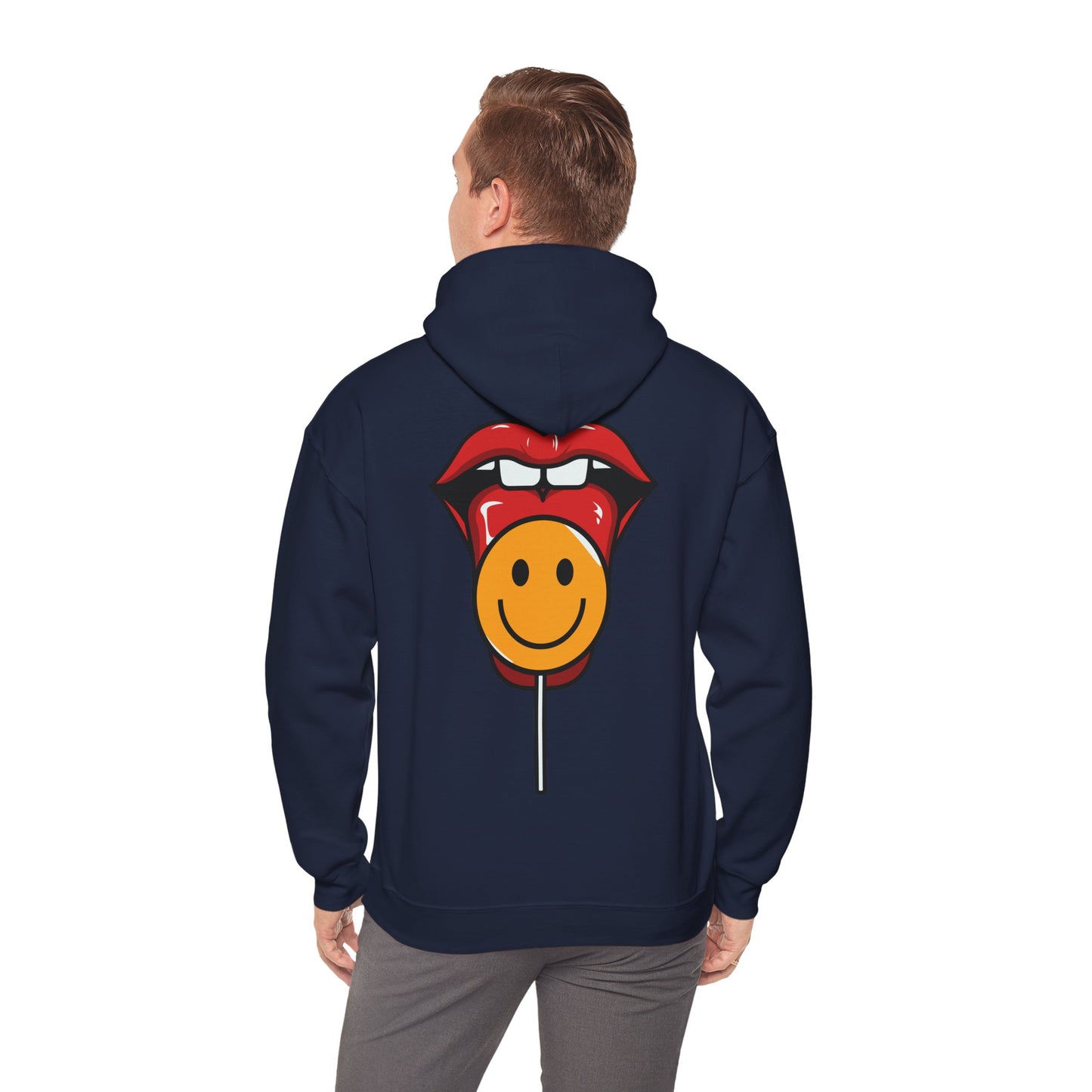 Stylish navy blue hoodie worn by a model, featuring a bold graphic of a cheerful smiley face lollipop design on the back, embodying vibrant playfulness.