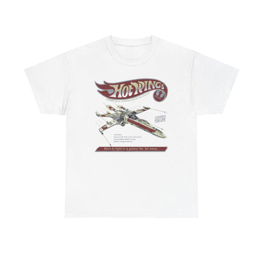 Hot Wings Starfighter T-Shirt: An elegant white cotton tee showcasing a retro graphic of the legendary Rebel spacecraft, blending style and fandom for space enthusiasts.