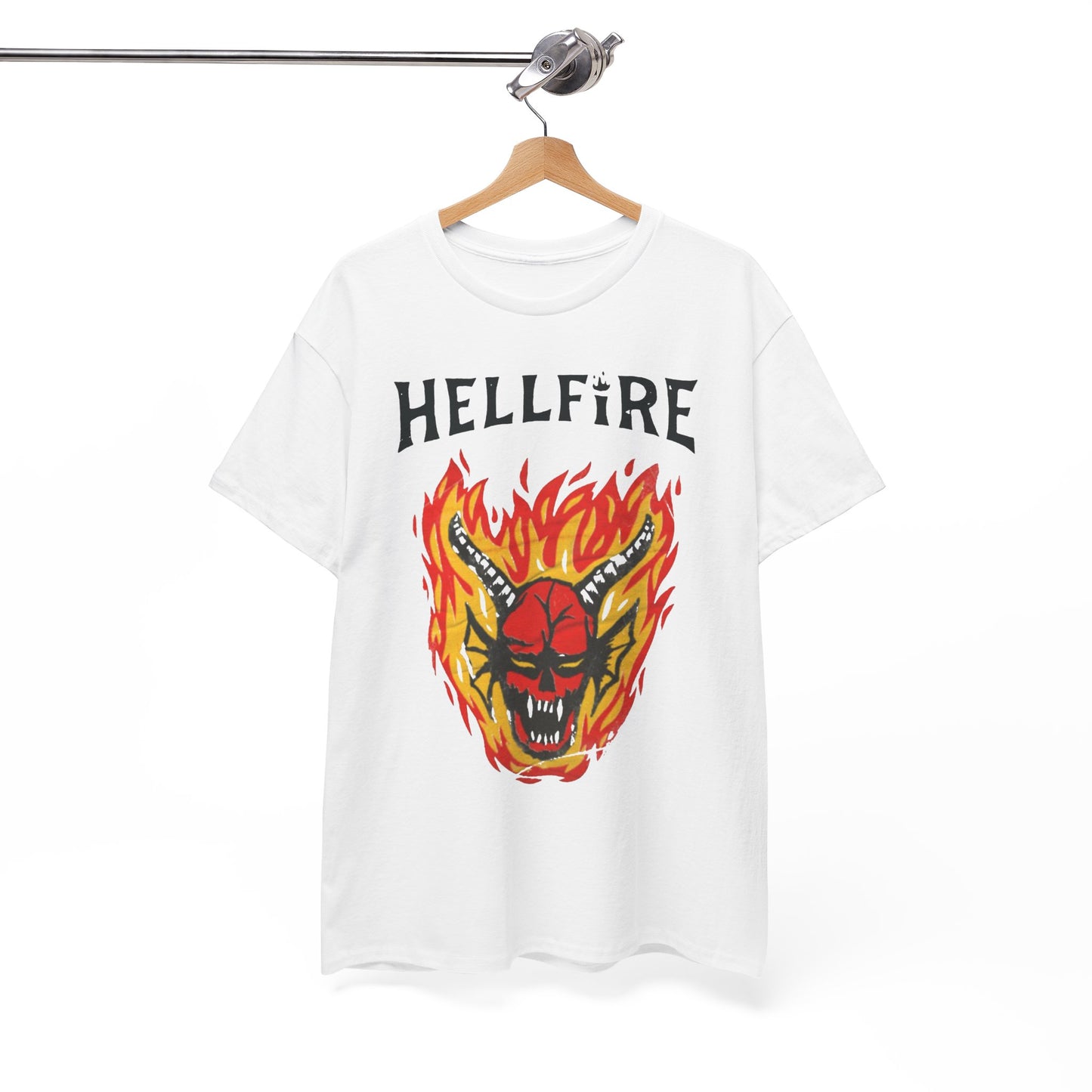 White Hellfire Club t-shirt on a hanger, showcasing the bold demon graphic and luxurious fabric, perfect for fans of retro arcade culture.