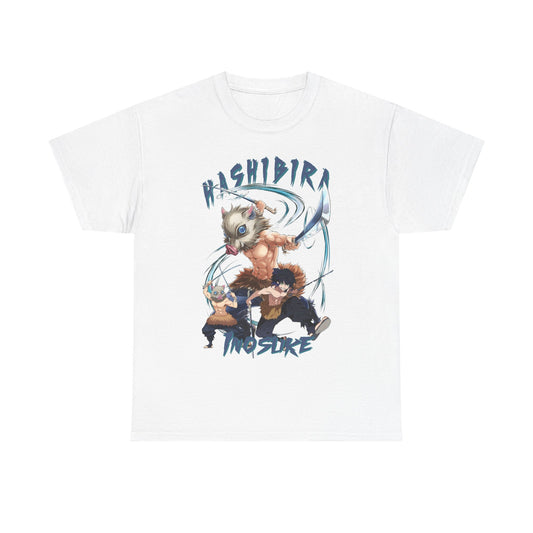 Luxurious Hashibira Inosuke Anime T-Shirt featuring bold graphic design of three dynamic characters, perfect for fashion-forward enthusiasts.