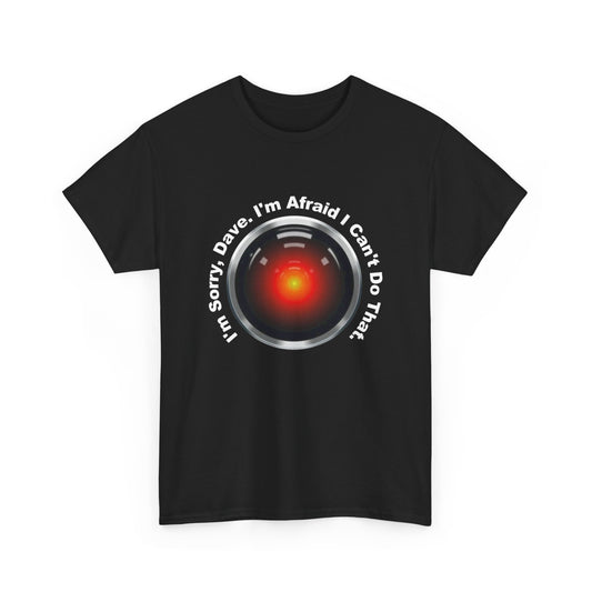 Close-up of the 2001 Space Odyssey Unisex Graphic Tee showcasing the iconic HAL 9000 eye design and quote, perfect for fashion-forward individuals.