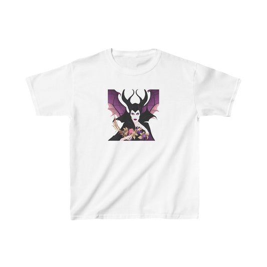 Maleficent Kids Tee in white, featuring the striking silhouette of Maleficent with ornate floral details. An elegant cotton t-shirt perfect for young Disney fans.
