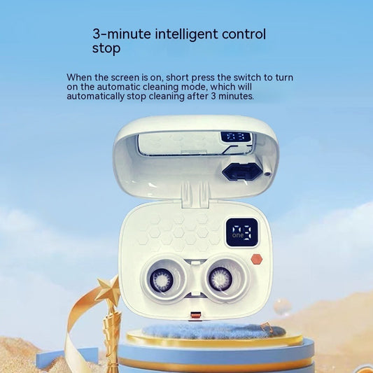 The Automatic Cleaning Machine Electric Ultrasonic Flushing Instrument shown with a smart 3-minute automatic cleaning feature, perfect for maintaining pristine clarity of contact lenses.