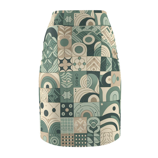 Chic Pastel Green Pencil Skirt with Block Print Design - Elegant Curve-Hugging Fit displaying an intricate block print design in soft pastel green tones.