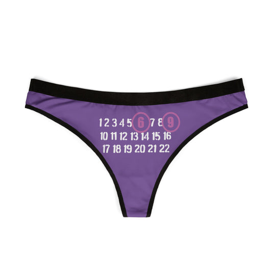 Chic 69-themed thong displayed frontally, featuring stylish typography and a vibrant purple hue, ideal for enhancing allure.