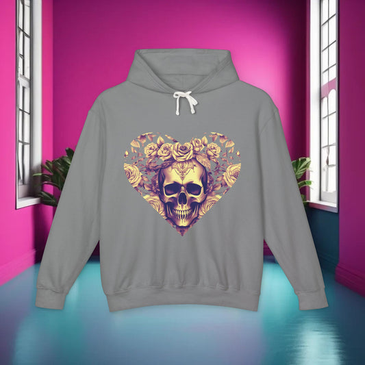 Elegant Skull and Roses Lightweight Hoodie in grey, showcasing a vivid skull graphic adorned with roses, ideal for hipster fashion enthusiasts.