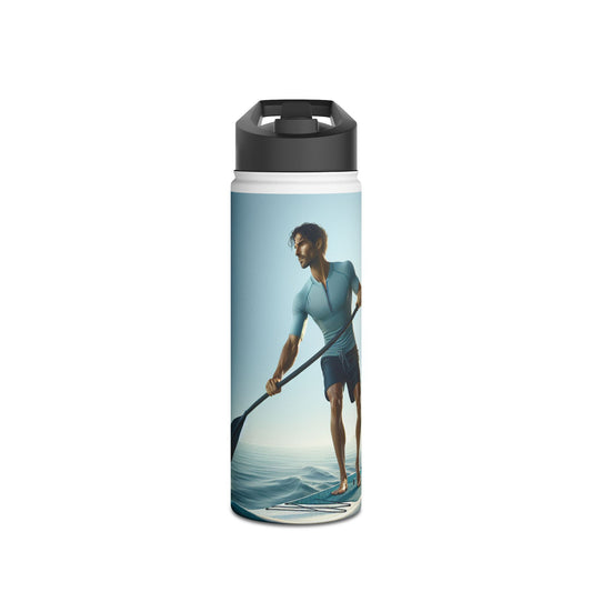 Luxury Fantasy Paddleboarding Stainless Steel Water Bottle elegantly displayed with a model paddling on serene waters, perfect for outdoor adventures.