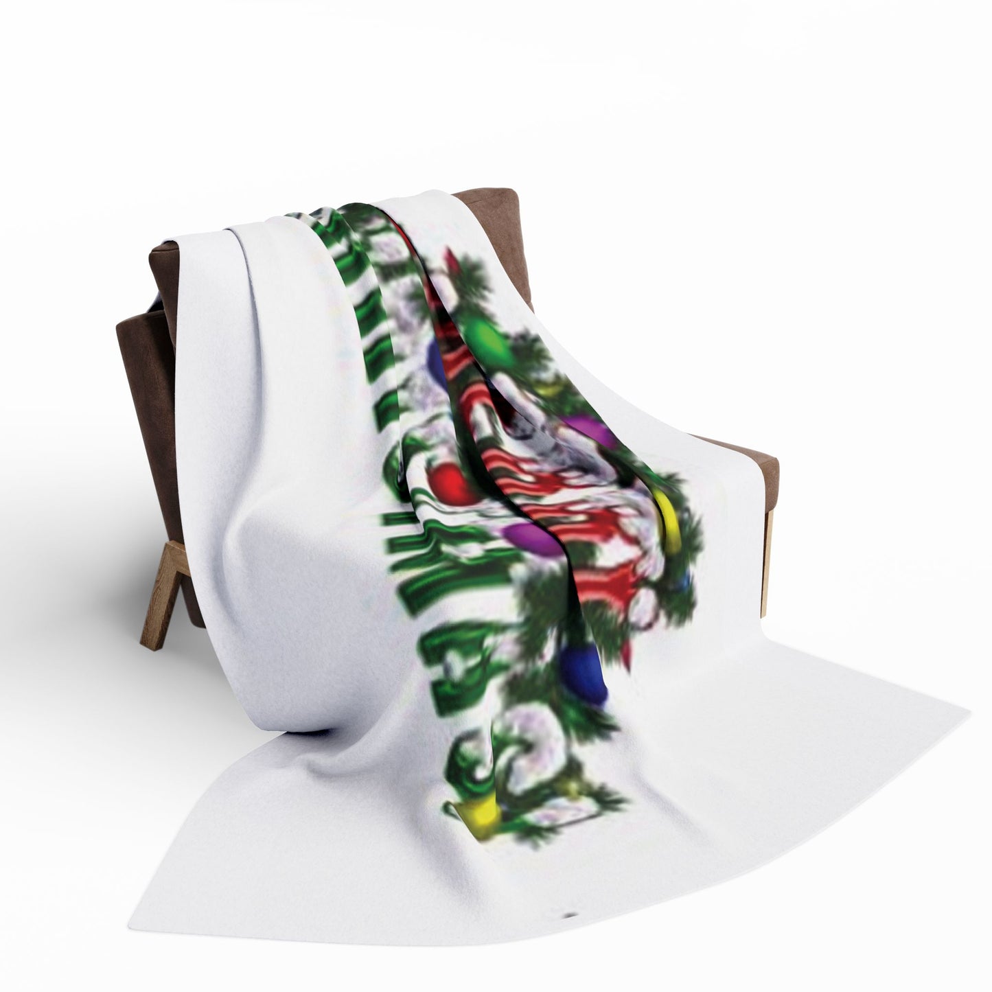 Artistic layout of the Decorative and Warm Christmas Arctic Fleece Blanket on a chair, displaying its festive motif with vibrant colours, enhancing any Christmas setting.