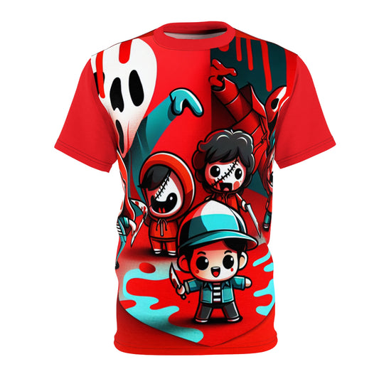 Close-up of playful cartoon characters depicted on the Spooky Scribblesworth Tee, showcasing exquisite design quality by Dazzling Dreams Studio.