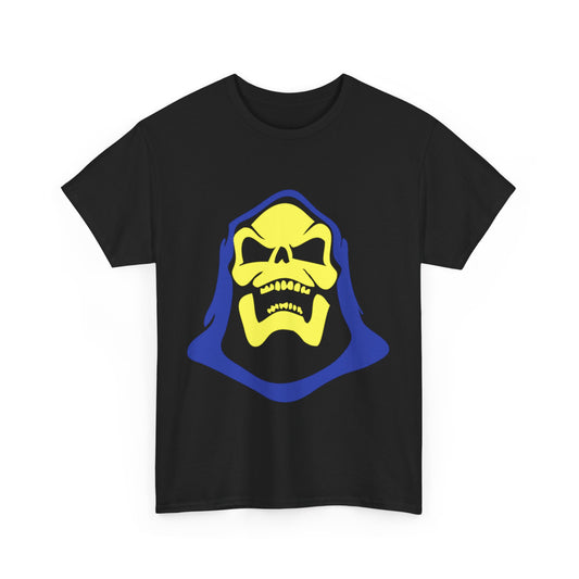 Stylish Masters of the Universe Skeletor Unisex Men’s Women’s Graphic T Shirt Tee showcasing a striking cartoonish representation of Skeletor's skull on a sleek black shirt.