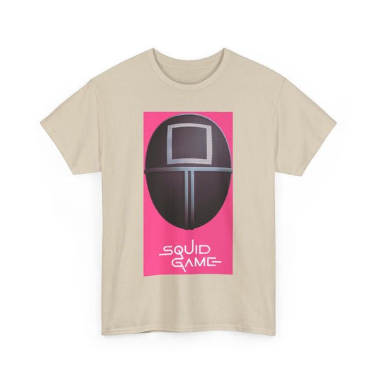 Luxury Squid Game Unisex Men’s Women’s Graphic Cotton Funny T-Shirt Tee in beige showcasing a bold graphic of a masked figure from the acclaimed series, ideal for urban stylish apparel.