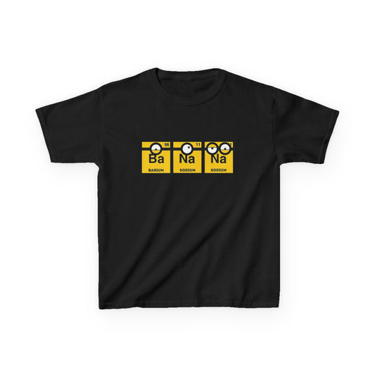 Minions Kids T-Shirt Banana Yellow Periodic Table Elements Tee in black, featuring playful Minion faces representing Barium and Sodium, a great choice for science-loving children. T Shirt, Funny, Minions.
