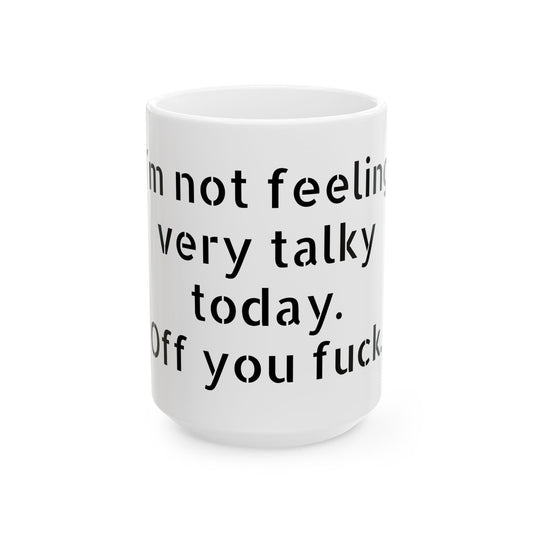 Inappropriate Slogan Ceramic Mug displaying a cheeky F-word design, perfect for funny office moments and adult humour.